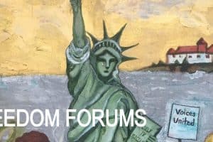 Painting of The Statue of Liberty with the words "Freedom Forums"