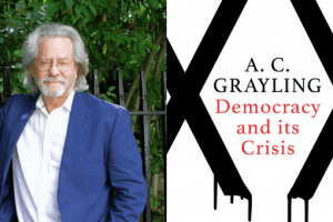 Headshot of A.C. Grayling and cover of Democracy and its Crisis