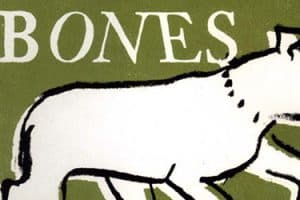 Illustration of white dog with the word "Bones"