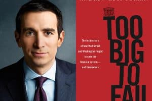 Andrew gross Sorkin headshot and cover of Too Big to Fail