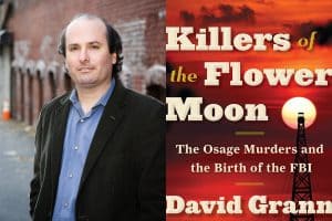 Headshot of David Grann and cover of Killers of the Flower Moon