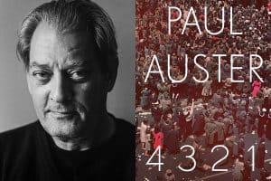 Headshot of Paul Auster and cover of 4321