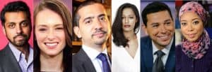 Headshot collage of Wajahat Ali, Mehdi Hasan, Rula Jebreal, Ayman Mohyeldin, Julia Ioffe, and Malika Bilal
