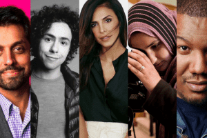Headshots of Wajahat Ali, Ramy Youssef, Lena Khan, Travon Free, and Kathreen Khavari