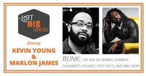 Event graphic featuring headshots of Kevin Young and Marlon James