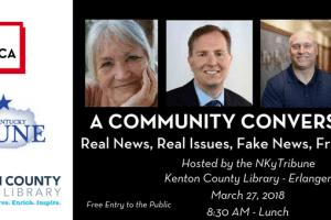 A community conversation event graphic featuring headshots of panelists