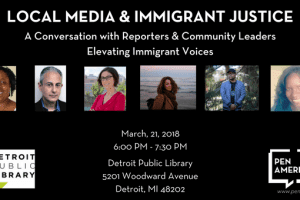 Local media and Immigrant Justice event graphic featuring headshots of participating reporters and community leaders
