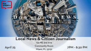 Local News and Citizen Journalism event graphic featuring a globe of a city