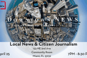 Local News and Citizen Journalism event graphic featuring a globe of a city