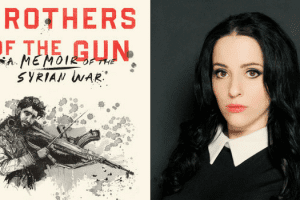 Headshot og Molly Crabapple and book cover Brothers of the Gun: A Memoir of the Syrian War