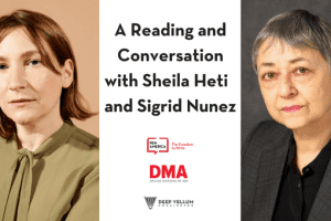 A Reading and Conversation with Sigrid Nunez and Sheila Heti event graphic featuring headshots of Sigrid Nunez and Sheila Heti