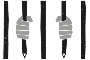 graphic of hands holding prison cell bars that look like pencils