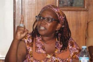Stella Nyanzi talking with her index finger up