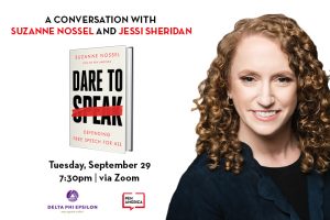 Suzanne Nossel headshot on right; on left: “A Conversation with Suzanne Nossel and Jessi Sheridan” in text, Dare to Speak book cover, event details (Tuesday, September 29 7:30pm | via Zoom), and Delta Phi Epsilon and PEN America logos