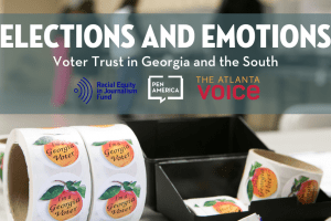 Georgia peach voting sticker roll with "Elections and Emotions" at the top
