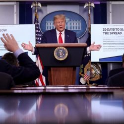 President Trump speaking at the White House during a press briefing