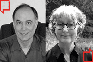 Headshots of Seth Wittner and Katrinka Moore side by side; red quotation marks on upper left and bottom right corners