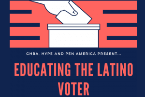 "Educating the Latino Voter" pink and dark blue striped background cartoon hand submitting ballot