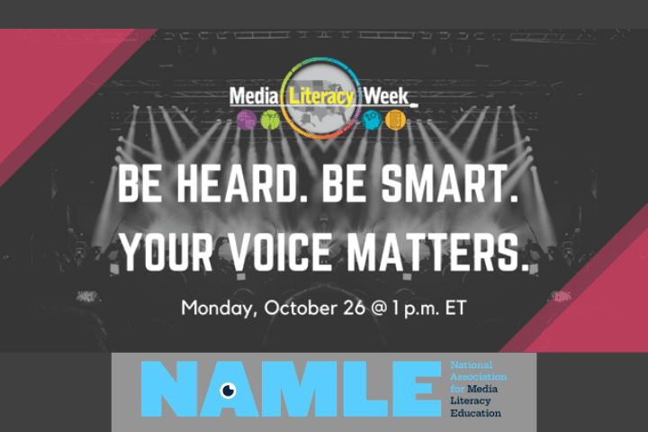 "Be Heard. Be Smart. Your Voice Matters." Media Literacy Week image, black and magenta with spotlights in background