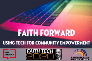 "Faith Forward: Using Tech for Community Empowerment" multicolored laptop keyboard "faith tech"