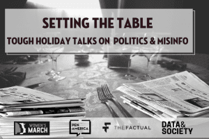 "Setting the Table: Tough Holiday Talks on Politics & Misinfo" newspapers at table settings instead of plates, grayscale