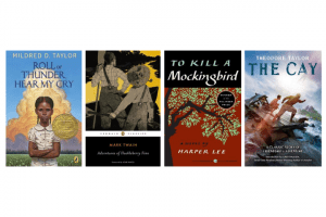 Collage of book covers: Roll of Thunder, Hear My Cry, Adventures of Huckleberry Finn, To Kill a Mockingbird, The Cay