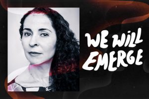Colorful swirl effect overlaid on top of framed headshot of Laila Lalami and next to the text "We Will Emerge"
