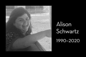 Alison Schwartz’s photo on left; on right: “Alison Schwartz, 1990–2020”