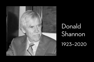 Donald Shannon’s headshot on left; on right: “Donald Shannon, 1923–2020”