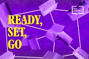 Diagram of interconnected purple books on top of a darker purple background. Text on the left, in yellow, reads: “Ready, Set, Go”