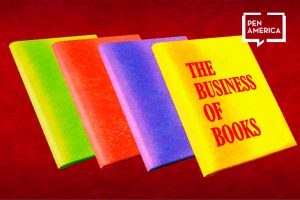 Four horizontally lined up books (from left to right: light green, red, purple, and yellow) on top of a dark red background. The cover of the yellow book reads “The Business of Books” in red