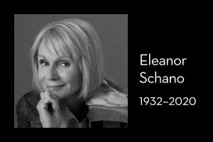 Eleanor Schano’s headshot on left; on right: “Eleanor Schano, 1932–2020”