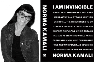 Norma Kamali headshot and "I am Invincible" book cover