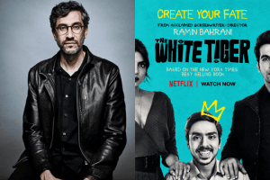 Ramin Bahrani headshot and "The White Tiger" movie poster