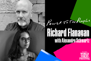On left: Headshots of Richard Flanagan and Alexandra Schwartz. On right: “Power to the People” and “Richard Flanagan with Alexandra Schwartz” name on top of assorted colorful shapes