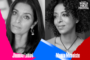 Headshots and names of Jhumpa Lahiri and Maaza Mengiste with multicolor ripped paper on bottom edge