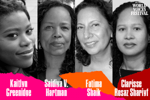 Headshots and names of Kaitlyn Greenidge, Saidiya V. Hartman, Fatima Shaik, and Clarisse Rosaz Shariyf with multicolor ripped paper on bottom edge