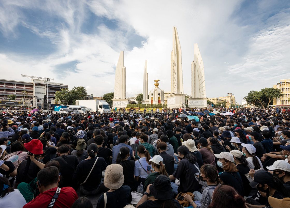 Protesters gather in front of the Democracy Monument in Thailand