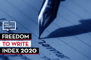 a fountain pen writes on a piece of paper; on top: PEN America logo and “Freedom to Write Index 2020”