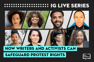 Speaker headshots on black background and the words "How Writers and Activists Can Safeguard Protest Rights" on teal text box