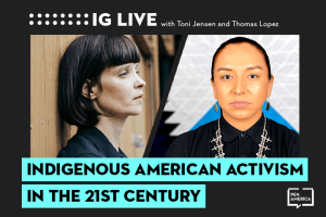 Toni Jensen’s and Thomas Lopez Jr.’s headshots on black background and the words "Indigenous American Activism in the 21st Century" on teal text box