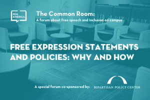 Seats in a lounge with light blue overlay as backdrop; on top: “The Common Room: A forum about free speech and inclusion on campus. Free Expression Statements and Policies: Why and How”