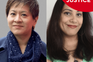 Works of Justice Podcast graphic with headshots of Yukari Kane and Shaheen Pasha