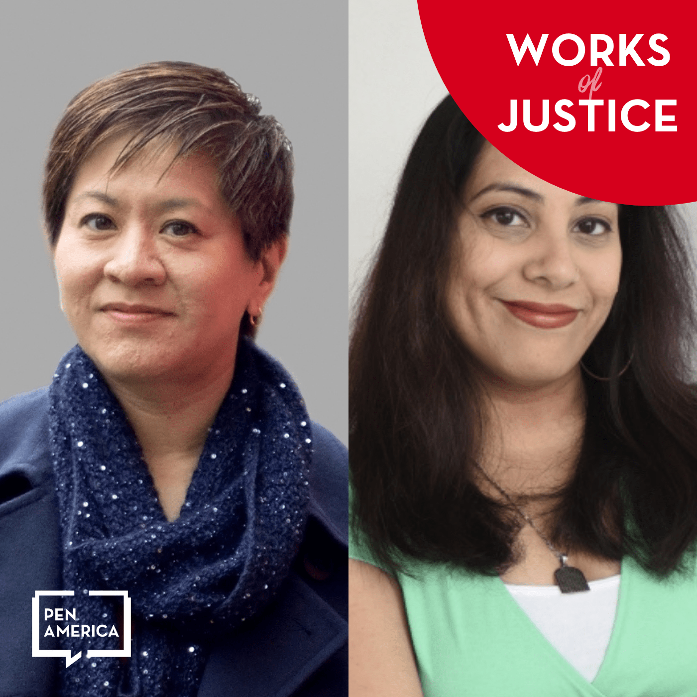 Works of Justice Podcast graphic with headshots of Yukari Kane and Shaheen Pasha