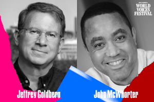 Headshots and names of Jeffrey Goldberg and John McWhorter with multicolor ripped paper on bottom edge