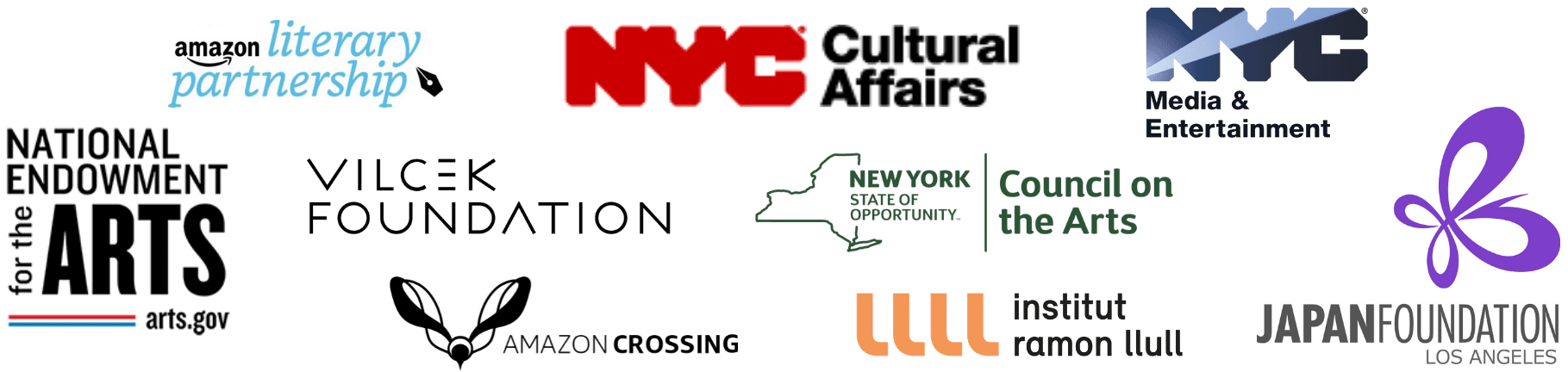 Logos of presenting sponsors: Amazon Crossing, Amazon Literary Partnership, Horace Goldsmith Foundation, Institut Ramon Llull, Japan Foundation, Los Angeles, JKW Foundation, New York City Mayor’s Office of Media and Entertainment, National Endowment for the Arts, New York State Council on the Arts, New York City Department of Cultural Affairs, and Vilcek Foundation