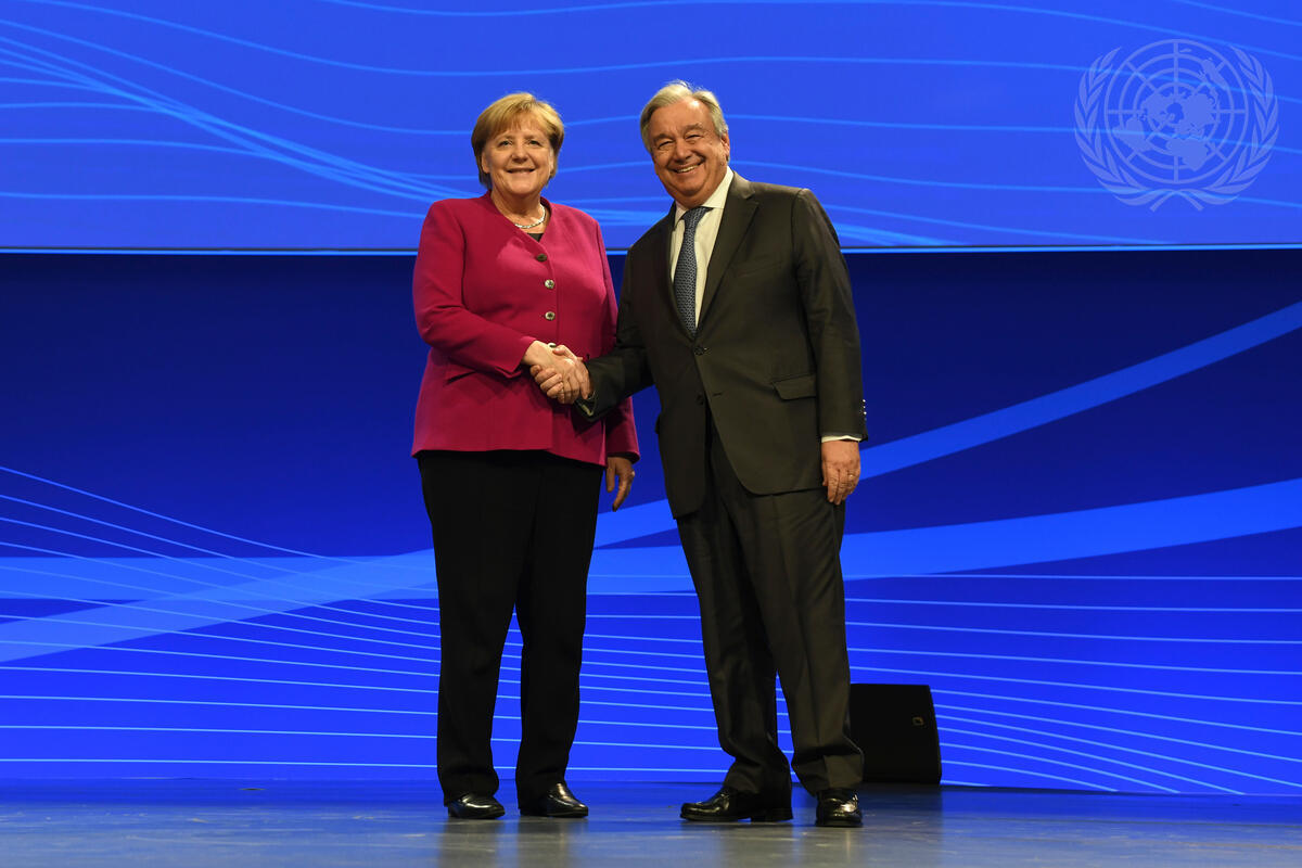 German Chancellor Angela Merkel and UN Secretary-General António Guterres at the 2019 Internet Governance Forum