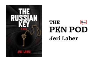 The Russian Key book cover on left; on right: “The PEN Pod: Jeri Laber”