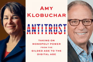 Amy Klobuchar and Fred P. Hochberg headshots and "Antitrust" book cover