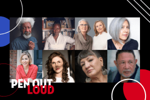 Headshots of PEN Out Loud speakers and interlocutors surrounded by assorted shapes and PEN Out Loud logo: Wole Soyinka, Farah Jasmine Griffin, Hillary Rodham Clinton and Louise Penny, and Susan Choi (first row); Pamela Paul, Lauren Oyler, Sandra Cisneros, and Jaime Manrique (second row)